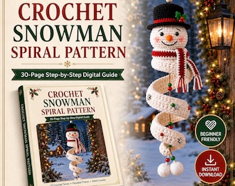 Peut inclure: Un guide de modèle de crochet numérique intitulé Crochet Snowman Spiral Pattern, comprenant un guide étape par étape de 30 pages. L'image montre une décoration de bonhomme de neige en spirale avec un chapeau noir, un nez orange et une écharpe.