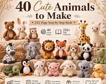 Peut inclure: Un livre de 232 pages intitulé 40 Cute Animals to Make par Atelier Pattern, présentant des modèles d'animaux au crochet dont un ours, lapin, hibou, girafe, lama, zèbre, éléphant, lion, renard, chien, panda, grenouille, tortue, pingouin, chat, cochon, mouton, koala et canard.