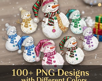 Peut inclure: Plusieurs modèles de bonhommes de neige en mosaïque de différentes couleurs. Chaque bonhomme de neige a un nez en carotte, des bras en brindilles, un chapeau et une écharpe. Le texte "100+ PNG Designs with Different Colors" est inclus.