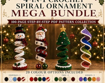 Peut inclure: Un ensemble de 4 modèles de décorations en spirale au crochet incluant un bonhomme de neige, le Père Noël, un sapin et un ruban arc-en-ciel. Le texte indique ATELIER PATTERN 4-IN-1 CROCHET SPIRAL ORNAMENT MEGA BUNDLE et 20 COLOUR OPTIONS INCLUDED.