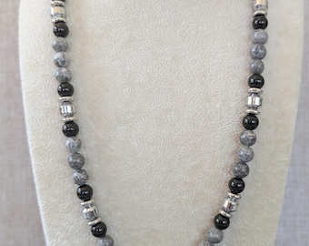 8mm Grey Mapstone, Black Onyx & Hematite Beaded Necklace – Unisex Jewelry – Custom Length 18”–24”