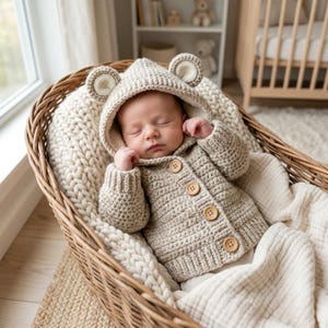May include: A beige crochet hooded cardigan featuring two small rounded bear ears on the hood and four light brown wooden buttons down the front. The garment has a textured knit pattern with ribbed cuffs and a ribbed hem, designed for an infant.