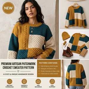 Può includere: Un modello di maglione all'uncinetto con un design a blocchi di colore in giallo senape, verde ottanio e crema. Il maglione mostra un mix di texture a trecce e a punto nocciolina. Il documento include il testo: PREMIUM ARTISAN PATCHWORK CROCHET SWEATER PATTERN.