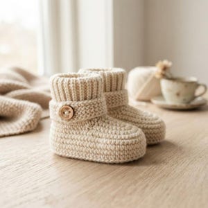 May include: A pair of cream-coloured knit booties featuring a ribbed cuff and a single wooden button detail on the side. The booties are constructed with a thick, textured yarn and have a rounded toe design, providing a soft and structured appearance.
