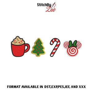 May include: Embroidered Christmas-themed designs including a red mug of hot cocoa, a green Christmas tree, a red and white candy cane, and a Minnie Mouse-inspired candy design. The text "StitchBy Lee" is at the top. The text "FORMAT AVAILABLE IN DST,EXP,PES,JEF, AND XXX" is at the bottom.