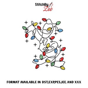 May include: A whimsical illustration of Christmas lights in red, green, blue, and yellow, connected by a black line. The image includes the text "StitchBy Zee" and "FORMAT AVAILABLE IN DST, EXP, PES, JEF, AND XXX" on a white background.