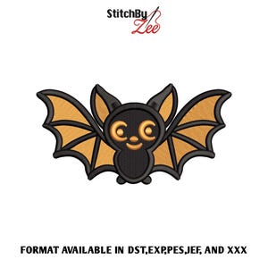 May include: A black bat embroidery design with orange wings and a smiling face. The image includes the text "StitchBy Lee" and "FORMAT AVAILABLE IN DST,EXP,PES,JEF, AND XXX". This design is suitable for Halloween-themed projects.