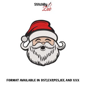 May include: An embroidered Santa Claus face with a red hat, white beard, and a smiling expression. The image includes the text "StitchBy Zee" and "FORMAT AVAILABLE IN DST,EXP,PES,JEF, AND XXX".