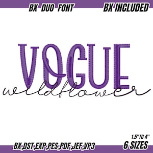 Könnte beinhalten: Ein digitales Design mit dem Wort "VOGUE" in einer lila, strukturierten Schriftart über dem Wort "wildflower" in schwarzer Schrift. Das Design enthält den Text "BX DUO FONT" und "BX INCLUDED" oben und "1,5" bis 4" 6 GRÖSSEN" unten.