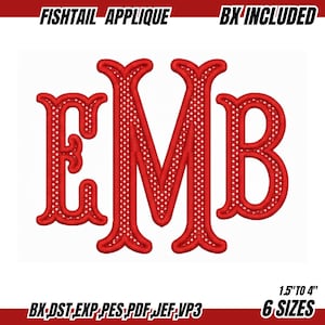 Puede incluir: Diseño de aplique de cola de pez rojo con las letras EMB y un patrón de puntos. El diseño incluye el texto "FISHTAIL APPLIQUE" y "BX INCLUDED". Disponible en 6 tamaños, de 3,8 cm a 10,2 cm.