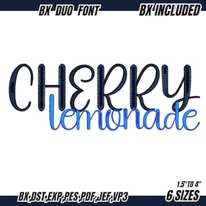 Puede incluir: Un diseño gráfico con las palabras "CHERRY lemonade" en una fuente de escritura. La palabra "CHERRY" es de color azul oscuro, mientras que "lemonade" es de un azul más claro. El diseño incluye el texto "BX DUO FONT" y "BX INCLUDED".