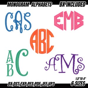 May include: Monogram alphabet designs in various styles and colours, including blue, pink, orange, green, and purple. The image includes the text "MONOGRAM ALPHABETS BX'INCLUDED" and "1.5" TO 4" 6 SIZES". The designs are available in 6 sizes.