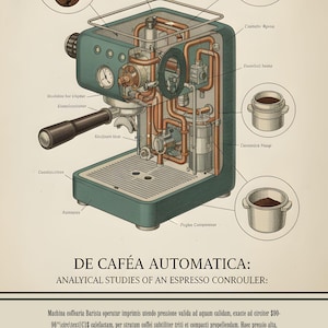 Op de afbeelding: Een gedetailleerde illustratie van een espressomachine, met een doorsnede die de interne componenten laat zien. De machine is teal met koperen buizen. Een koffieboon en koffiedik zijn ook afgebeeld.