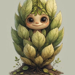 Può includere: Un'illustrazione stravagante di una figura sorridente, simile a un cartone animato, racchiusa in grandi foglie verdi. La figura ha grandi occhi marroni e un'espressione gentile. L'immagine include il testo "Grow gently, but never stop growing."