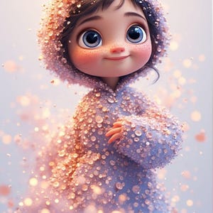 Può includere: Illustrazione digitale di una bambina dei cartoni animati con grandi occhi blu e guance rosee, che indossa un cappotto con cappuccio azzurro chiaro ricoperto di abbellimenti scintillanti. L'immagine ha una qualità morbida e sognante con effetti bokeh e il testo "Even the quietest light changes the dark".