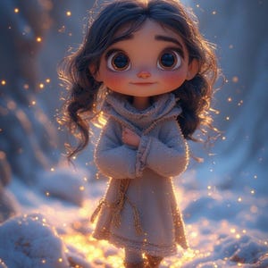 Può includere: Illustrazione digitale di una bambina in una scena invernale. Indossa un cappotto e stivali grigio chiaro, con il testo "Crea il percorso che ti fa sentire a casa sotto i tuoi piedi". Lo sfondo è un paesaggio innevato con luce dorata.