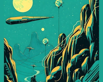 Könnte beinhalten: Retro-Science-Fiction-Illustration mit einer Farbpalette aus Türkis und Gelb. Ein futuristisches Raumschiff fliegt über einer Landschaft mit einem großen Mond und Felsformationen. Eine Figur geht mit einem Hund.
