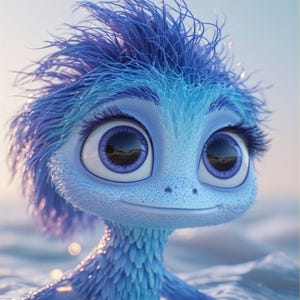 Può includere: Una creatura blu stravagante con grandi occhi espressivi e capelli piumati emerge dall'acqua. L'immagine presenta il testo "You are not behind...you are becoming" in un carattere morbido ed elegante, aggiungendo un tocco motivazionale.