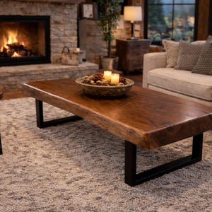 May include: A living room scene featuring a large, rectangular wooden coffee table with black metal legs. Two matching side tables with lamps flank the sofa. A fireplace with a lit fire is in the background.