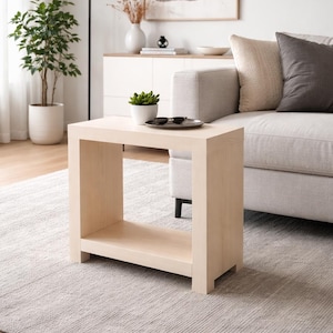 May include: A light-colored square side table with an open shelf. A small potted plant and sunglasses rest on a tray on top of the table. The table is in a living room setting with a gray rug and sofa.