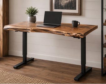 Solid Walnut Sit Stand Desk | 48” x 28” x 2” Live Edge Desktop | Electric Height Adjustable Standing Desk | Handmade Walnut Office Desk