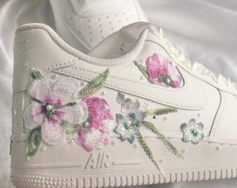 Bespoke Pink and Blue Floral AF1 Bridal Sneakers
