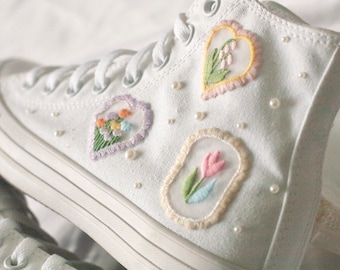 Bespoke Pastel Floral Embroidered Pearl Converse