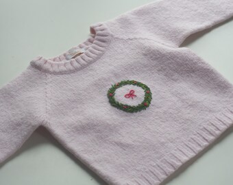 Hand Embroidered Holiday Baby Sweater - Christmas Bow Wreath