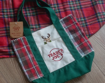 Hand Embroidered Trader Joe's Mini Tote Bag - Plaid Patchwork Christmas Reindeer Bag