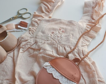 Hand Embroidered Girls Toddler Dress 100% Cotton - Ruffled Floral Neutral Baby Dress