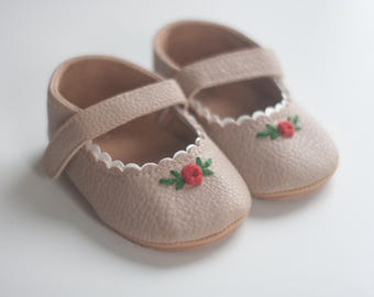 Embroidered Mary Jane Baby Flats - Christmas Keepsake Baby Shoes 6-12 Months