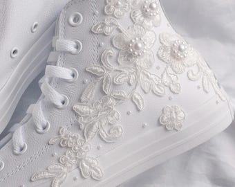 Bespoke White Lace Luxury Embroidered Bridal Leather Converse