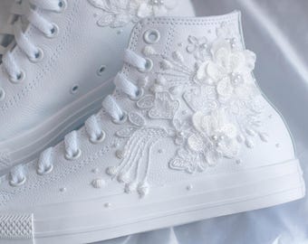 Bespoke Luxury Floral Pearl Leather Converse