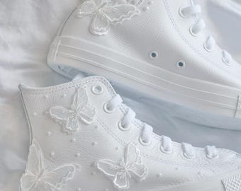 Bespoke Butterfly Pearl Embroidered Leather Bridal Converse