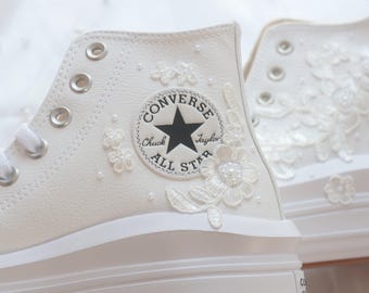 Bespoke White Floral Platform Leather Converse