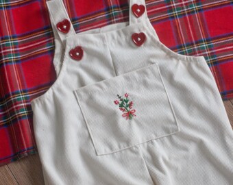 Hand Embroidered Holiday Overalls - Red Heart Buttons and A Pocket Bouquet