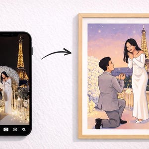 Può includere: Illustrazione incorniciata di una proposta di matrimonio a Parigi, con la Torre Eiffel sullo sfondo. Un uomo si inginocchia, presentando un anello a una donna. L'opera d'arte è accanto a uno smartphone che mostra la foto originale.