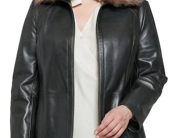 Handmade Black Leather Jacket with Fur Collar | Women's Winter Outerwear