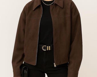 Giacca in pelle scamosciata marrone fatta a mano / Capospalla autunnale da donna / Cappotto caldo ed elegante