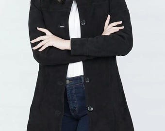 Women Black Suede Coat | Mid Length Winter Jacket