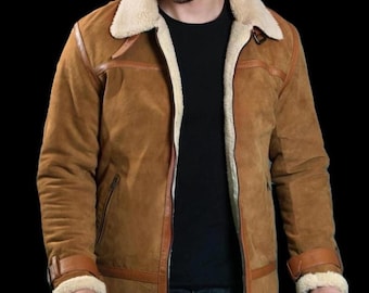 Handmade Men’s Suede Leather Jacket | Tan Shearling Winter Coat