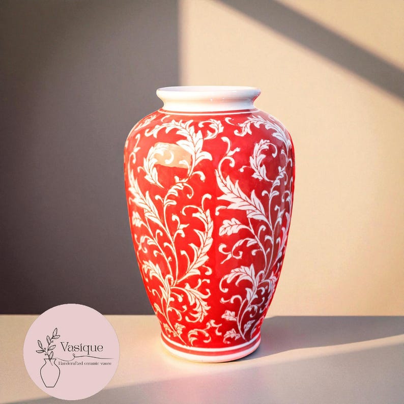 Red Porcelain Vase with White Floral Pattern – Elegant Ceramic Decor Beauty Grace Bottle