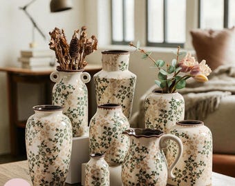 Vintage Floral Porcelain Vase | Handcrafted Green & Gold Ceramic Vase | Cottagecore Home Decor | Hand-Painted Flower Vase | Unique Gift Idea