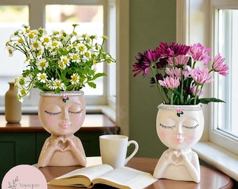 Söt flickaansikte-planterare | Saftig keramikvas | Borsthållare | Blomkruka med kärleksflicka | Hem- och trädgårdsinredning