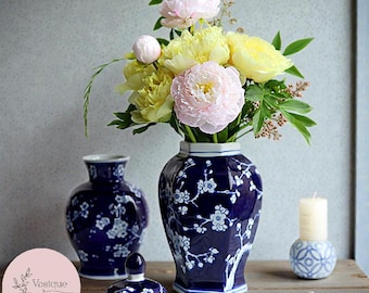 Blå och vit Chinoiserievas | Porslinsvas med ingefärsburk och keramik för blommor | Knoppvasdekoration | Borddekoration