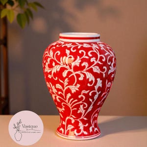 Red Porcelain Vase with White Floral Pattern – Elegant Ceramic Decor Pomegranate Blossom