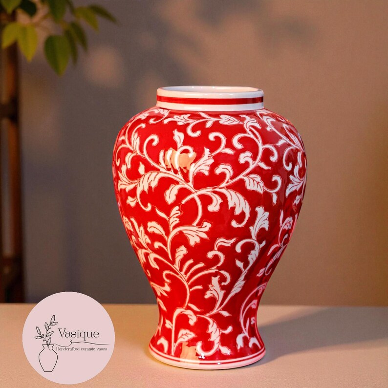 Red Porcelain Vase with White Floral Pattern – Elegant Ceramic Decor Pomegranate Blossom