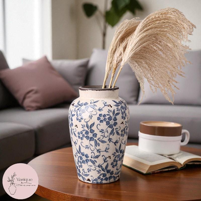 青と白の陶器の花瓶セット | 手作りのレトロな磁器の花瓶