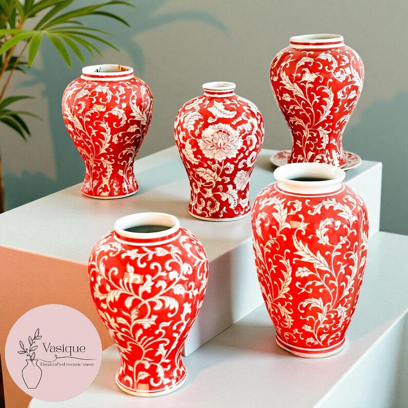 Red Porcelain Vase with White Floral Pattern – Elegant Ceramic Decor 5 Pcs (All)<-20% off