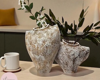 Texturerad keramisk vas | Handgjord rustik Wabi Sabi-keramik | Japandi Boho heminredning | Minimalistisk stenliknande vas för vardagsrumsdisplay
